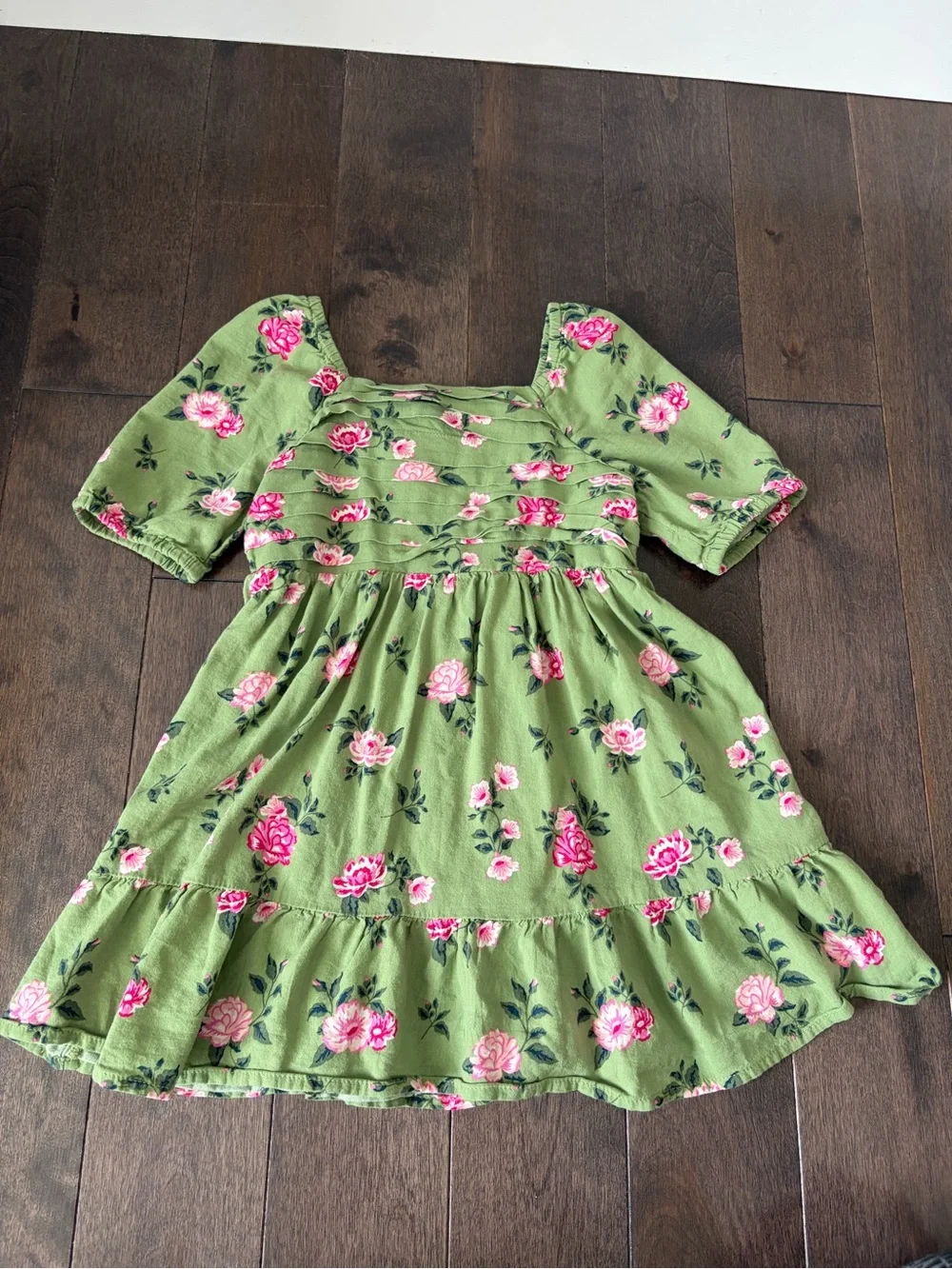Toddler Girl Children's Place Green Floral Square-Neck Dress with Pink Roses